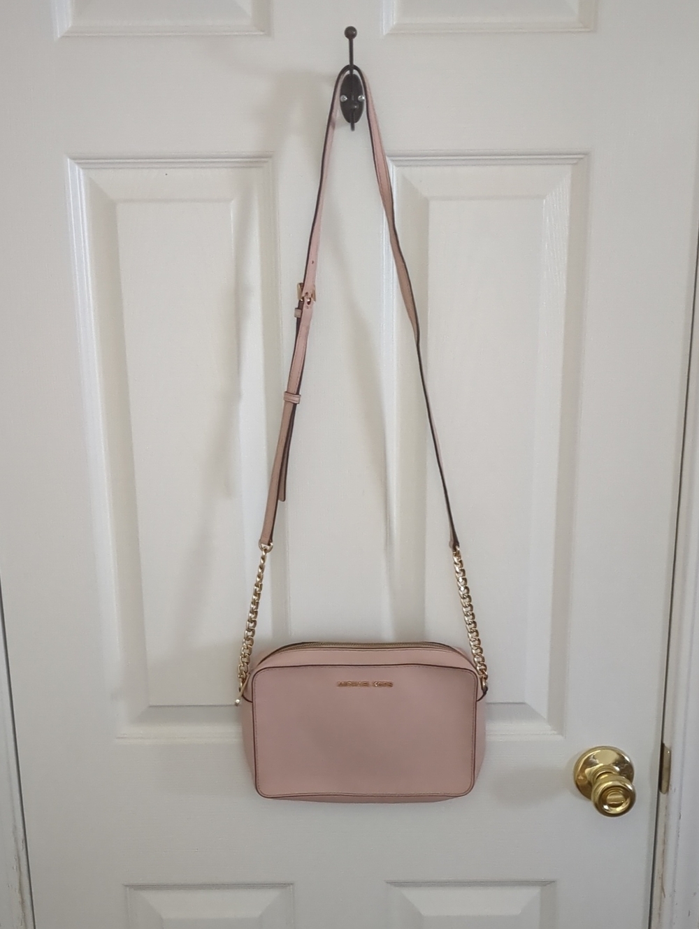 Michael Kors Blush Pink Leather Crossbody Camera Bag with Gold Chain